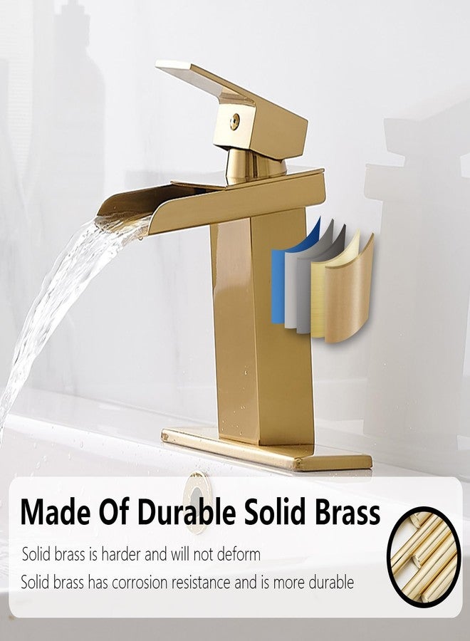 BATHLAVISH Gold Bathroom Faucet Waterfall Single Hole Sink Brushed Gold Single Handle with Pop Up Drain with Overflow Vanity Lavatory Mixer Tap Modern Deck Mount - Image 2